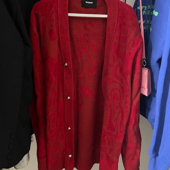 We11Done welldone red Logo Graffiti All Over cardigan coat - Picture 2 of 4